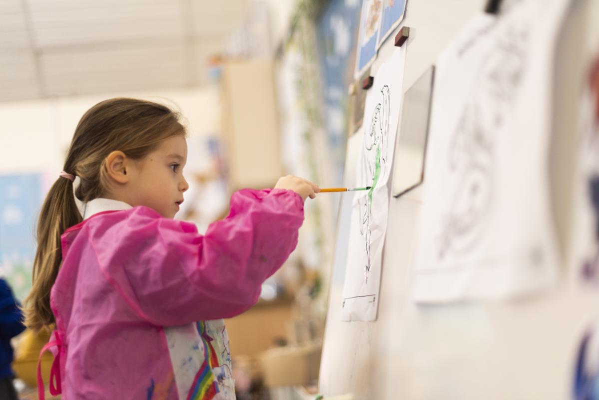 A pupil painting at an easel in the classroom